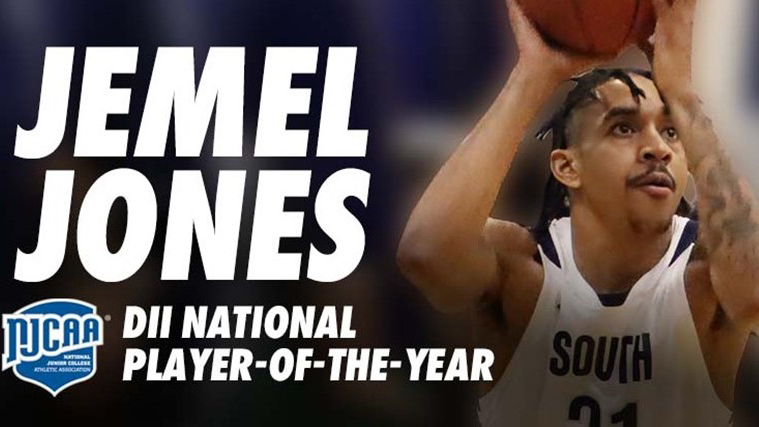 A photo of SSC student-athlete Jemel Jones shooting a basketball with text that says, 